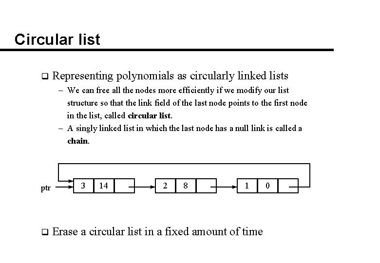 Circular list q Representing polynomials as circularly linked lists – We can free all