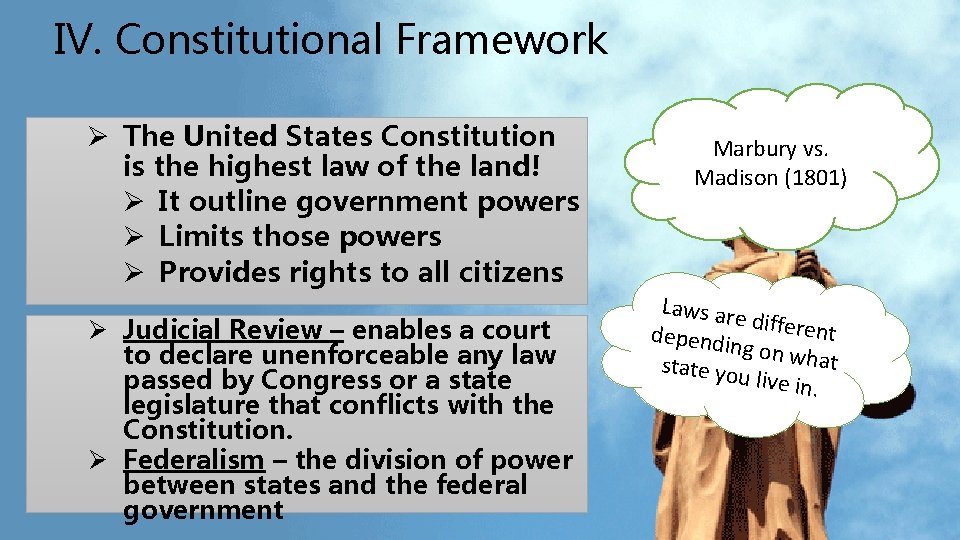 IV. Constitutional Framework Ø The United States Constitution is the highest law of the IV. Constitutional Framework Ø The United States Constitution is the highest law of the