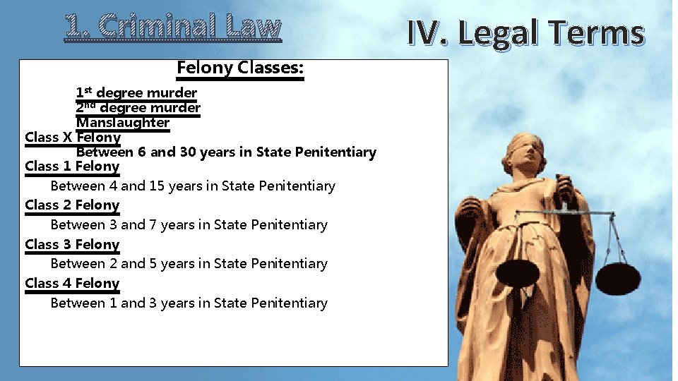 1. Criminal Law Felony Classes: 1 st degree murder 2 nd degree murder Manslaughter 1. Criminal Law Felony Classes: 1 st degree murder 2 nd degree murder Manslaughter