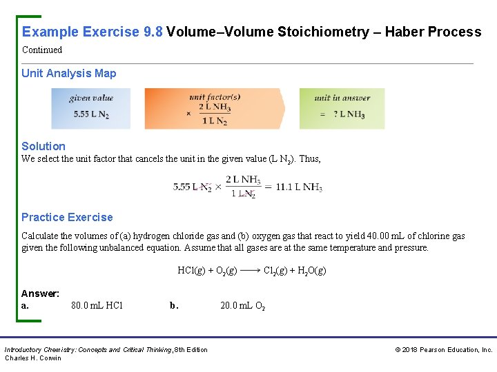 Example Exercise 9. 8 Volume–Volume Stoichiometry – Haber Process Continued Unit Analysis Map Solution
