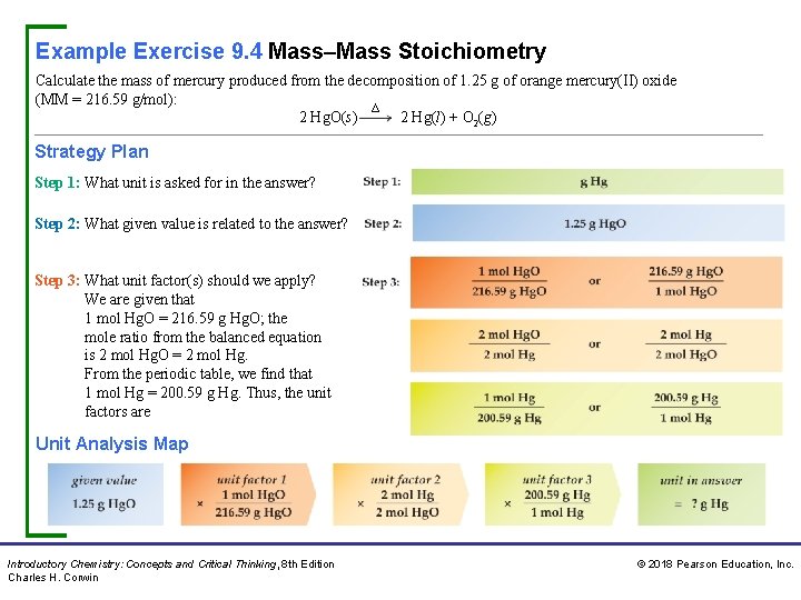 Example Exercise 9. 4 Mass–Mass Stoichiometry Calculate the mass of mercury produced from the