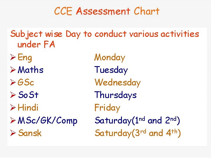 CCE Assessment Chart Subject wise Day to conduct various activities under FA Ø Eng