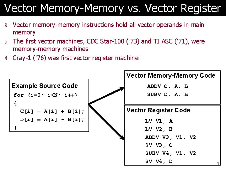 Vector Memory-Memory vs. Vector Register ã Vector memory-memory instructions hold all vector operands in