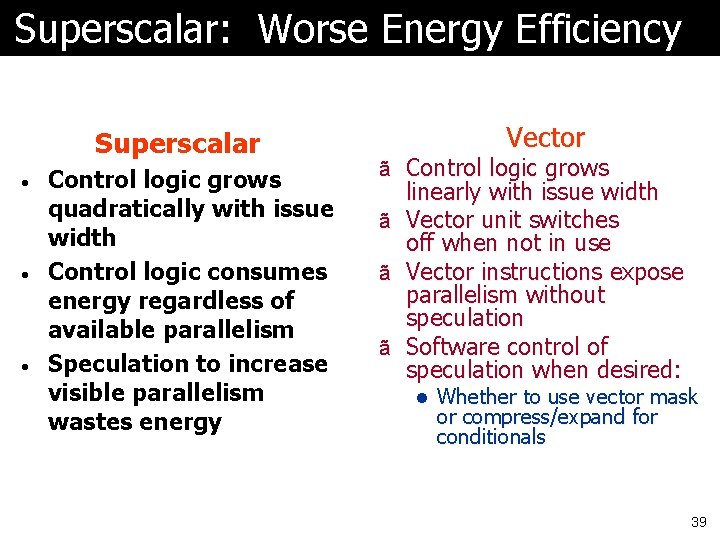 Superscalar: Worse Energy Efficiency Superscalar • • • Control logic grows quadratically with issue