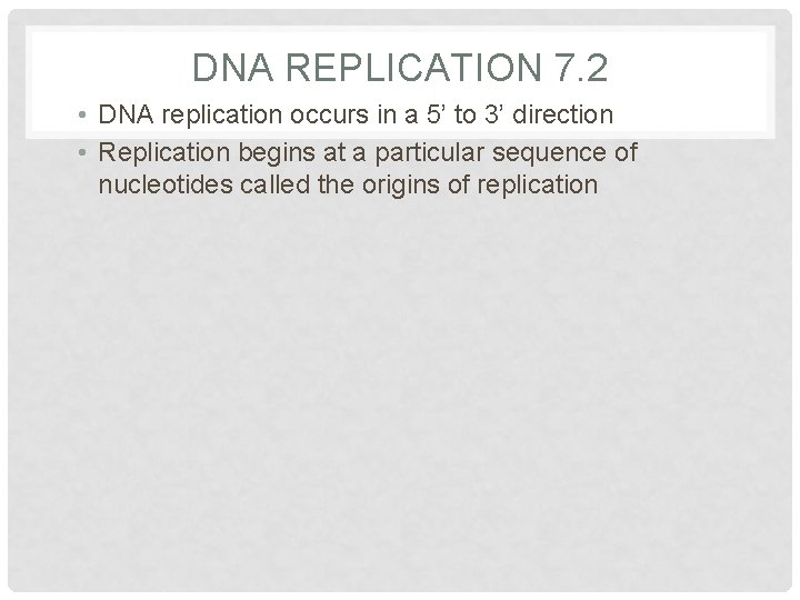 DNA REPLICATION 7. 2 • DNA replication occurs in a 5’ to 3’ direction