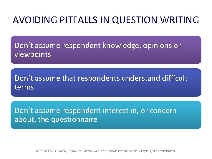 AVOIDING PITFALLS IN QUESTION WRITING Don’t assume respondent knowledge, opinions or viewpoints Don’t assume