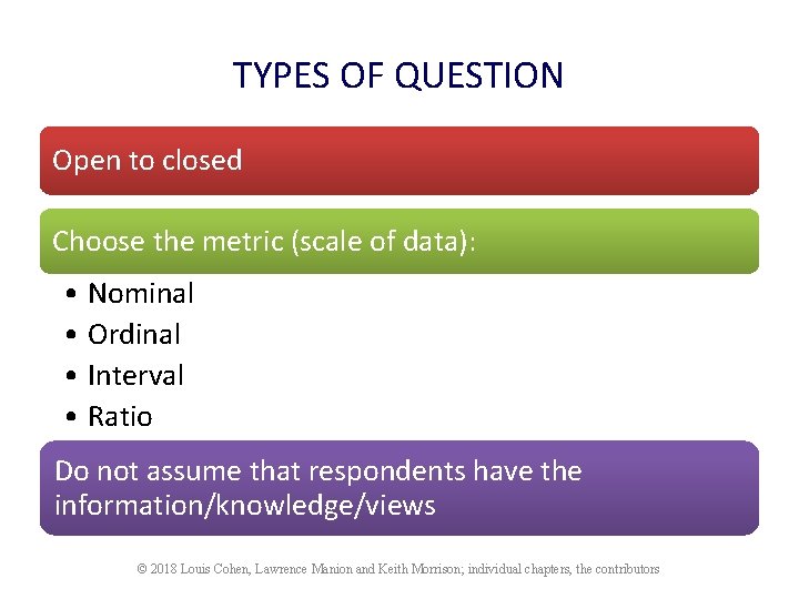 TYPES OF QUESTION Open to closed Choose the metric (scale of data): • Nominal