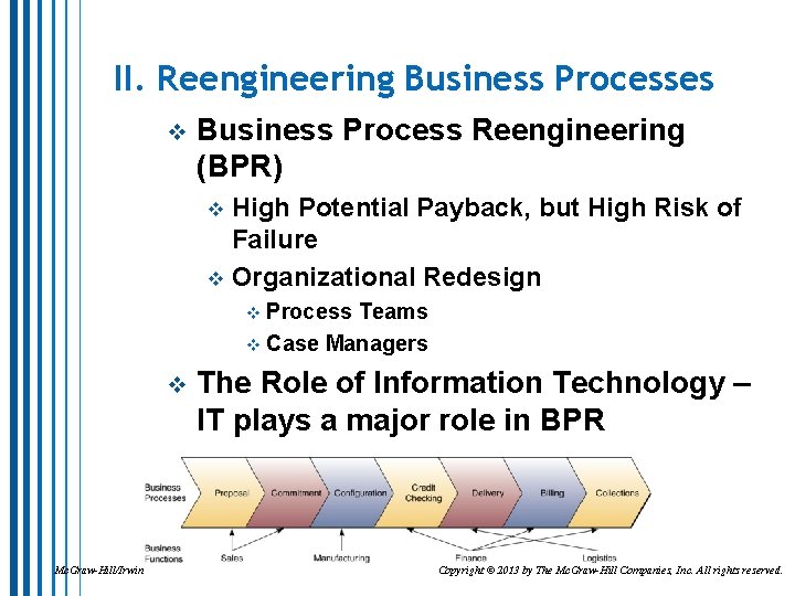 II. Reengineering Business Processes v Business Process Reengineering (BPR) High Potential Payback, but High