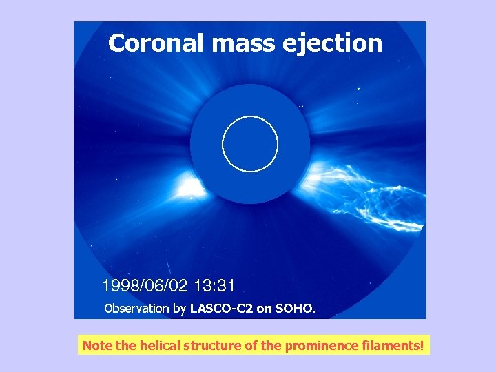 Coronal mass ejection Observation by LASCO-C 2 on SOHO. Note the helical structure of