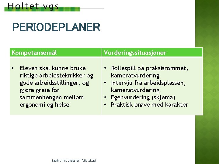 PERIODEPLANER Kompetansemål Vurderingssituasjoner • Eleven skal kunne bruke riktige arbeidsteknikker og gode arbeidsstillinger, og PERIODEPLANER Kompetansemål Vurderingssituasjoner • Eleven skal kunne bruke riktige arbeidsteknikker og gode arbeidsstillinger, og