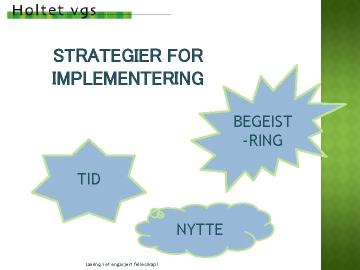 STRATEGIER FOR IMPLEMENTERING BEGEIST -RING TID NYTTE Læring i et engasjert fellesskap! STRATEGIER FOR IMPLEMENTERING BEGEIST -RING TID NYTTE Læring i et engasjert fellesskap!