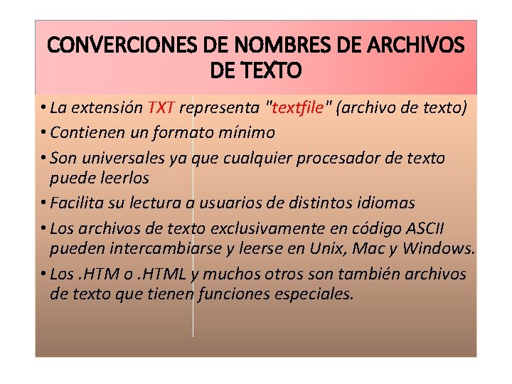 CONVERCIONES DE NOMBRES DE ARCHIVOS DE TEXTO • La extensión TXT representa "textfile" (archivo