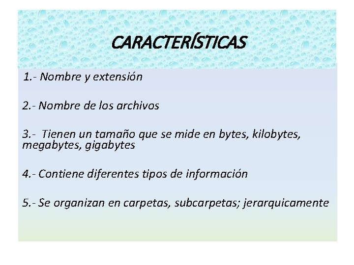 CARACTERÍSTICAS 1. - Nombre y extensión 2. - Nombre de los archivos 3. -