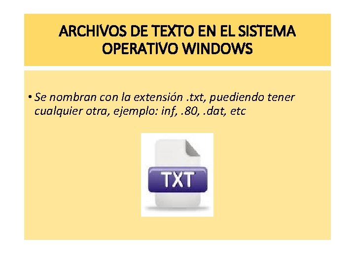 ARCHIVOS DE TEXTO EN EL SISTEMA OPERATIVO WINDOWS • Se nombran con la extensión.