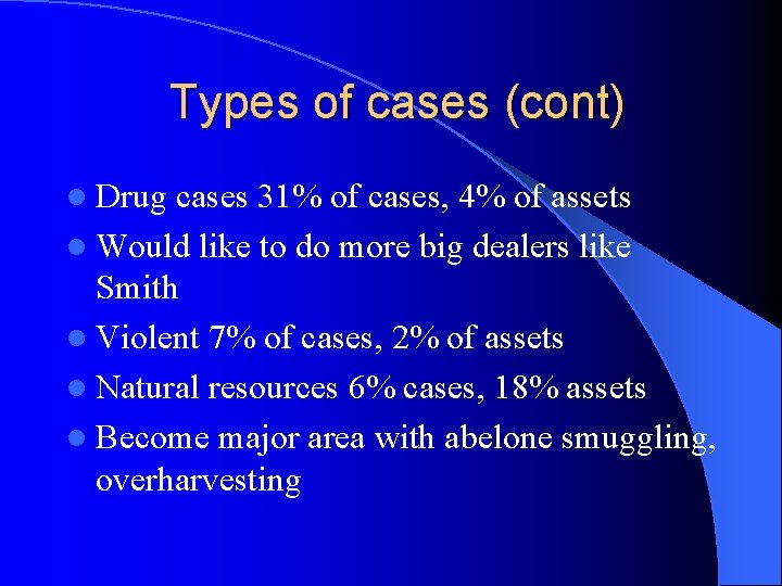 Types of cases (cont) l Drug cases 31% of cases, 4% of assets l