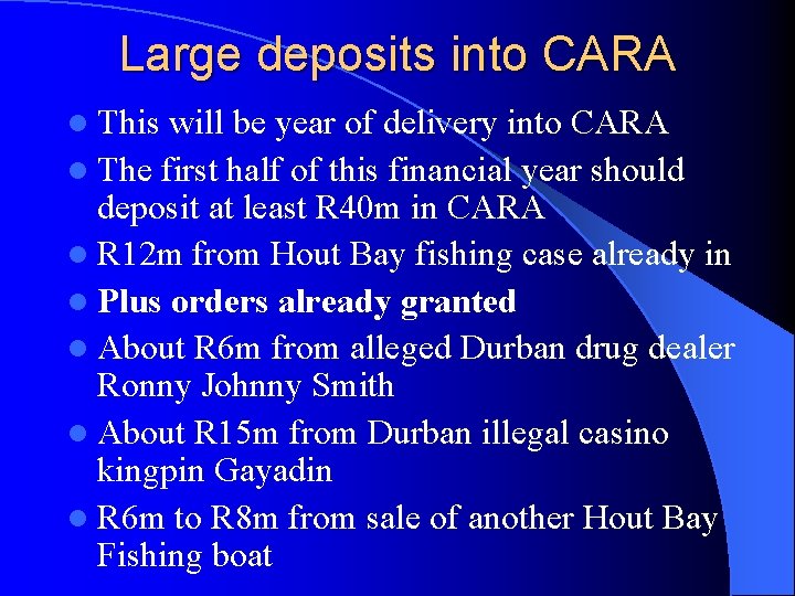 Large deposits into CARA l This will be year of delivery into CARA l