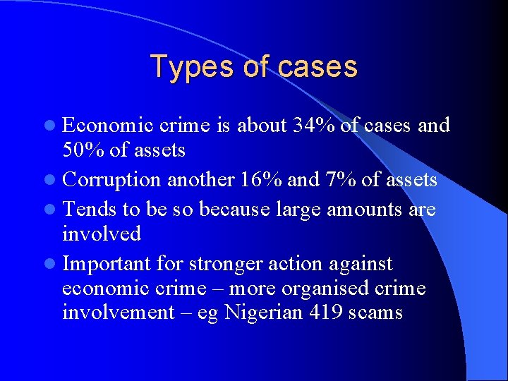 Types of cases l Economic crime is about 34% of cases and 50% of