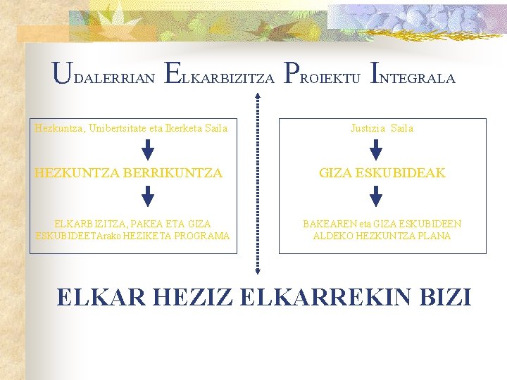 UDALERRIAN ELKARBIZITZA PROIEKTU INTEGRALA Hezkuntza, Unibertsitate eta Ikerketa Saila Justizia Saila HEZKUNTZA BERRIKUNTZA GIZA