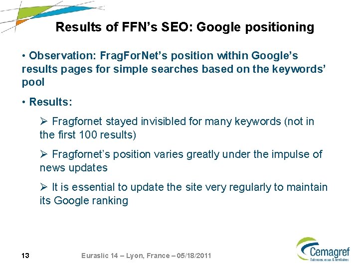 Results of FFN’s SEO: Google positioning • Observation: Frag. For. Net’s position within Google’s Results of FFN’s SEO: Google positioning • Observation: Frag. For. Net’s position within Google’s