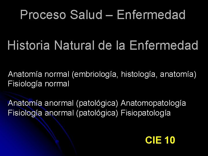 Proceso Salud – Enfermedad Historia Natural de la Enfermedad Anatomía normal (embriología, histología, anatomía)