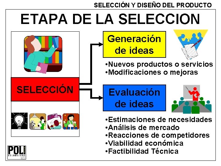 SELECCIÓN Y DISEÑO DEL PRODUCTO ETAPA DE LA SELECCION Generación de ideas • Nuevos