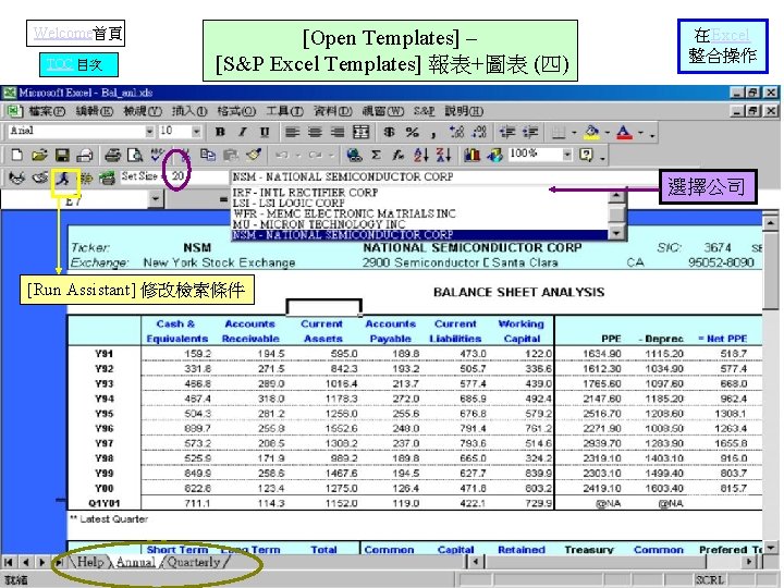 Welcome首頁 TOC 目次 [Open Templates] – [S&P Excel Templates] 報表+圖表 (四) 在Excel 整合操作 選擇公司