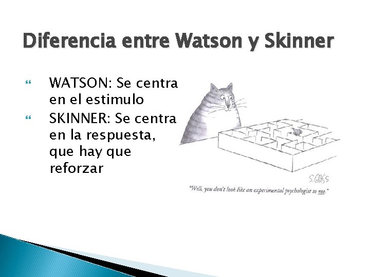 Diferencia entre Watson y Skinner WATSON: Se centra en el estimulo SKINNER: Se centra