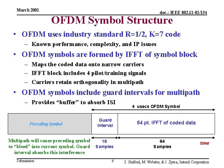 March 2001 doc. : IEEE 802. 11 -01/154 OFDM Symbol Structure • OFDM uses