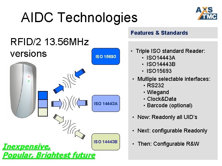 AIDC Technologies Features & Standards RFID/2 13. 56 MHz versions ISO 15693 ISO 14443