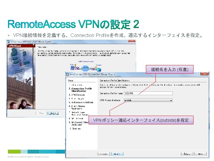  • VPN接続情報を定義する、Connection Profileを作成、適応するインターフェイスを指定。 接続名を入力 (任意) VPNポリシー適応インターフェイス(outside)を指定 © 2010 Cisco and/or its affiliates. All