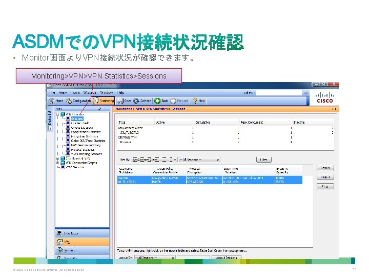  • Monitor画面よりVPN接続状況が確認できます。 Monitoring>VPN Statistics>Sessions © 2010 Cisco and/or its affiliates. All rights reserved.