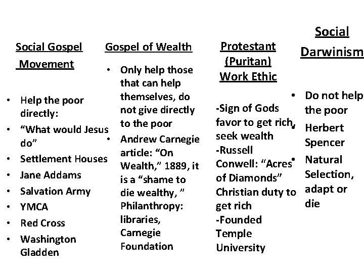 Social Gospel Movement • • Gospel of Wealth • Only help those that can