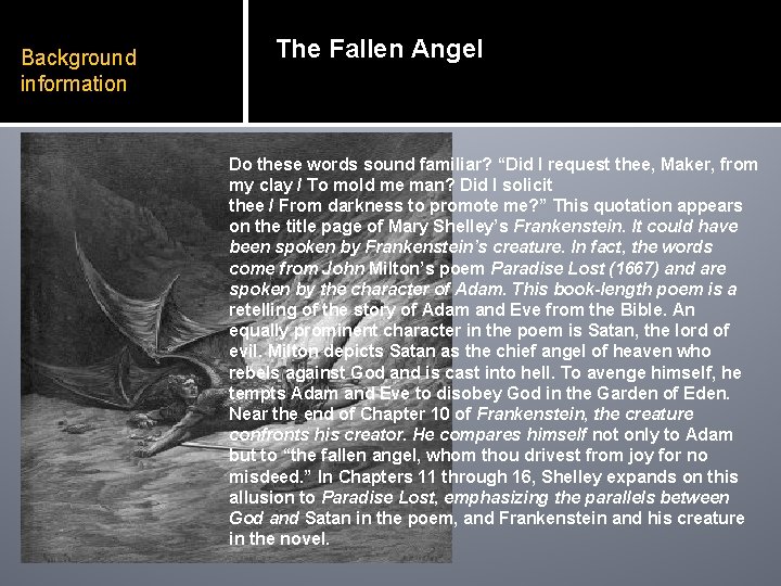 Background information The Fallen Angel Do these words sound familiar? “Did I request thee,
