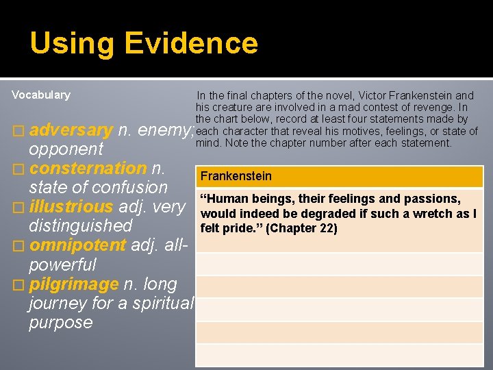 Using Evidence Vocabulary � adversary In the final chapters of the novel, Victor Frankenstein
