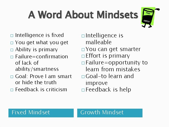 A Word About Mindsets Intelligence is fixed � You get what you get �