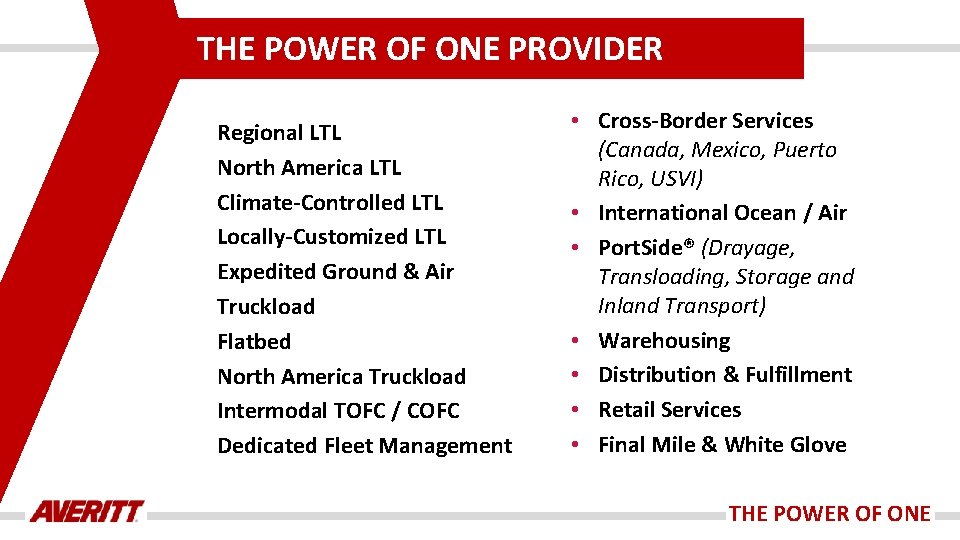 THE POWER OF ONE PROVIDER Regional LTL North America LTL Climate-Controlled LTL Locally-Customized LTL