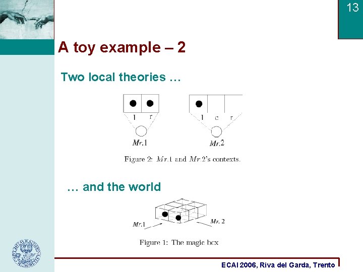 13 A toy example – 2 Two local theories … … and the world