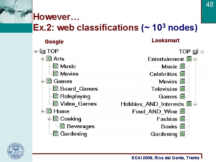 48 However… Ex. 2: web classifications (~ 103 nodes) Google Looksmart ECAI 2006, Riva