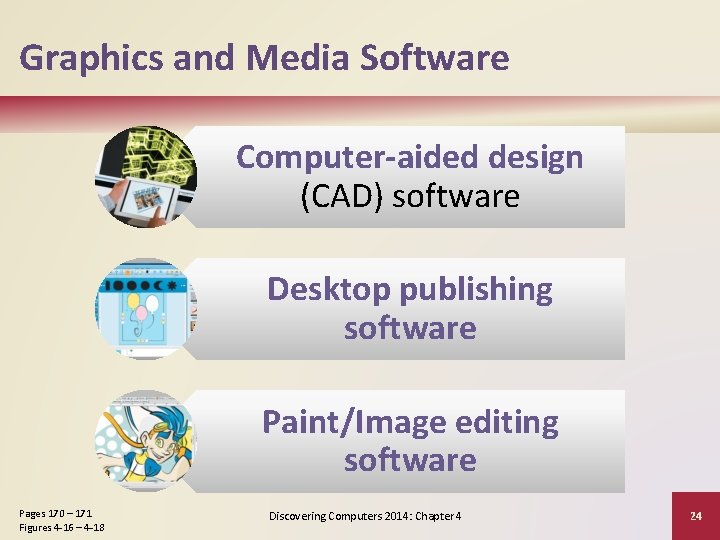 Graphics and Media Software Computer-aided design (CAD) software Desktop publishing software Paint/Image editing software