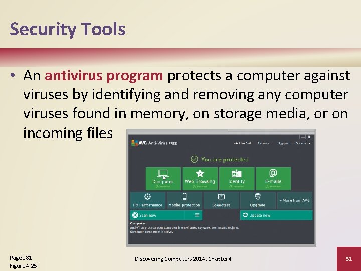 Security Tools • An antivirus program protects a computer against viruses by identifying and