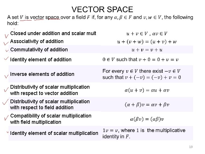 Closed under addition and scalar mult Associativity of addition Commutativity of addition Identity element