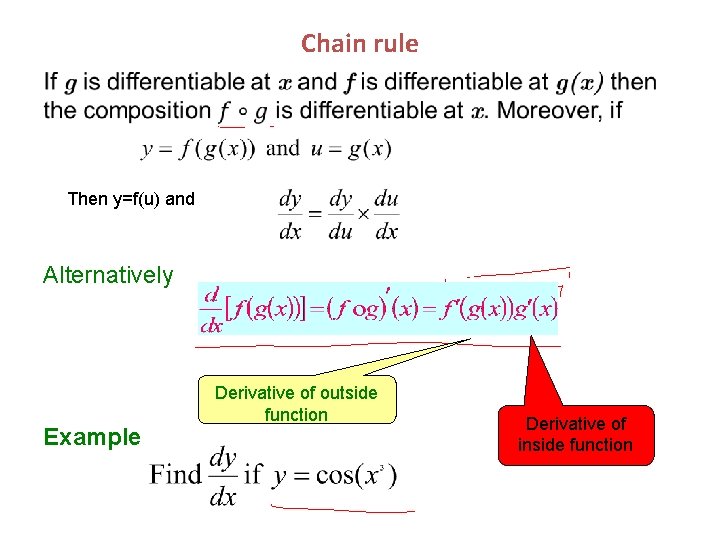 Chain rule Then y=f(u) and Alternatively Example Derivative of outside function Derivative of inside