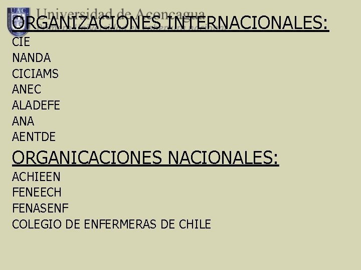 ORGANIZACIONES INTERNACIONALES: CIE NANDA CICIAMS ANEC ALADEFE ANA AENTDE ORGANICACIONES NACIONALES: ACHIEEN FENEECH FENASENF