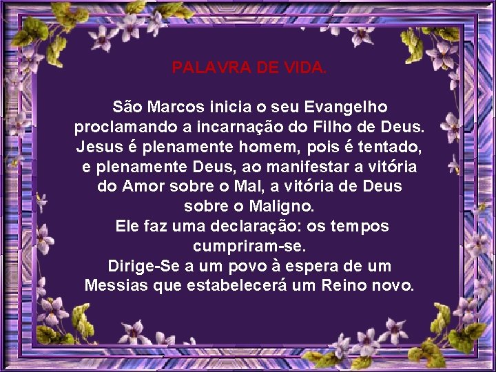 PALAVRA DE VIDA. São Marcos inicia o seu Evangelho proclamando a incarnação do Filho