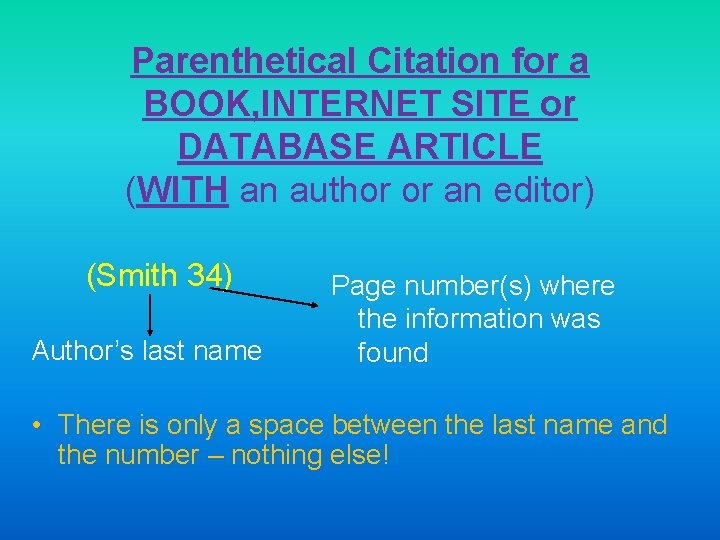 Parenthetical Citation for a BOOK, INTERNET SITE or DATABASE ARTICLE (WITH an author or