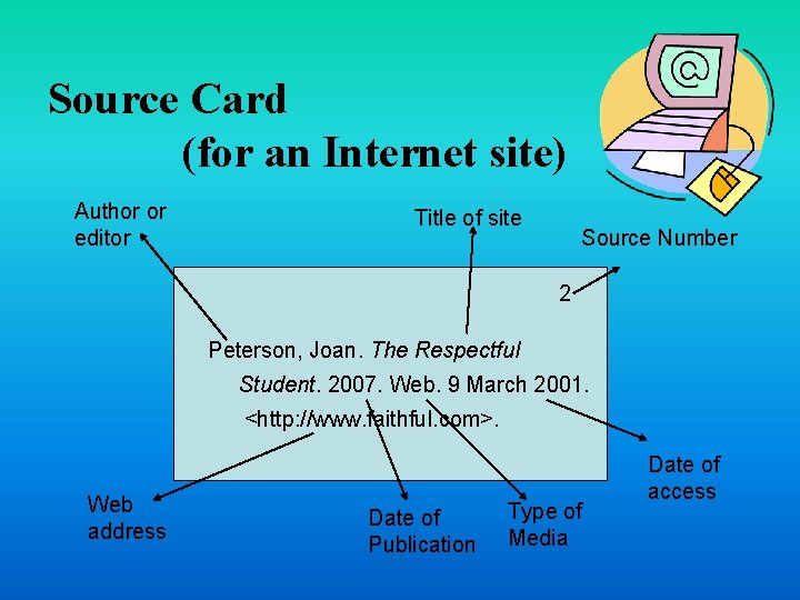 Source Card (for an Internet site) Author or editor Title of site Source Number