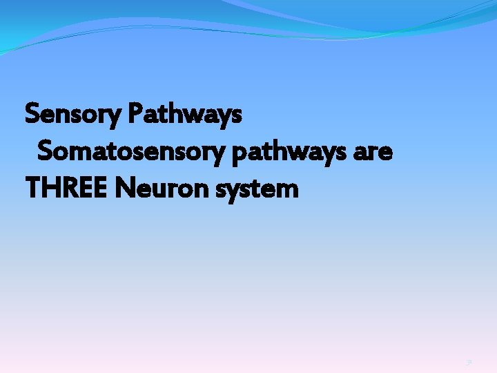 Sensory Pathways Somatosensory pathways are THREE Neuron system 31 