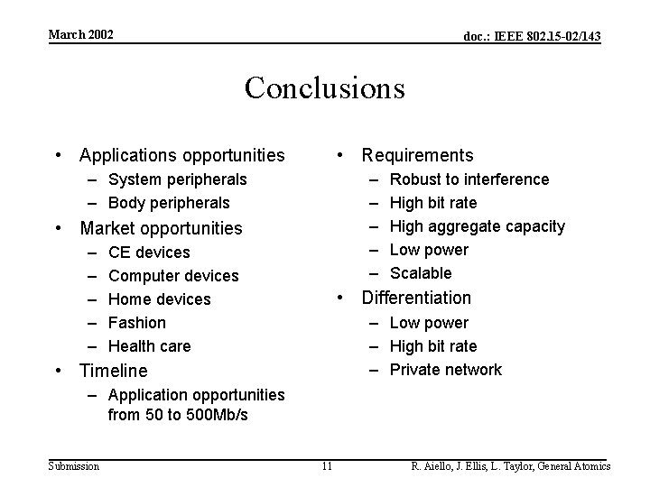 March 2002 doc. : IEEE 802. 15 -02/143 Conclusions • Applications opportunities • Requirements