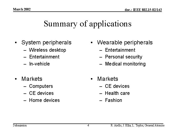 March 2002 doc. : IEEE 802. 15 -02/143 Summary of applications • System peripherals