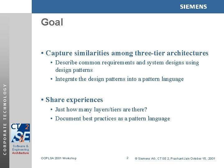 Goal • Capture similarities among three-tier architectures CORPORATE TECHNOLOGY • Describe common requirements and